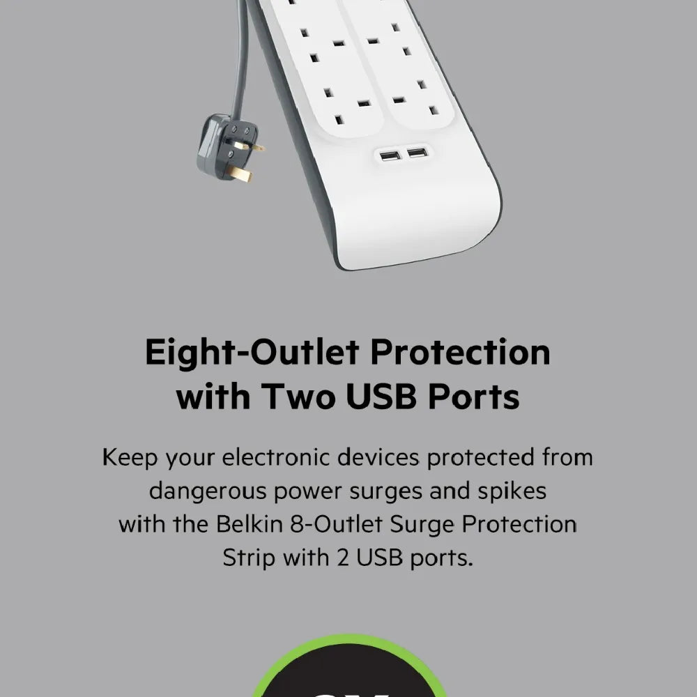 Belkin Surge Plus Power Strip Surge Protector 8 AC Outlets 2 USB Ports 900J Protection