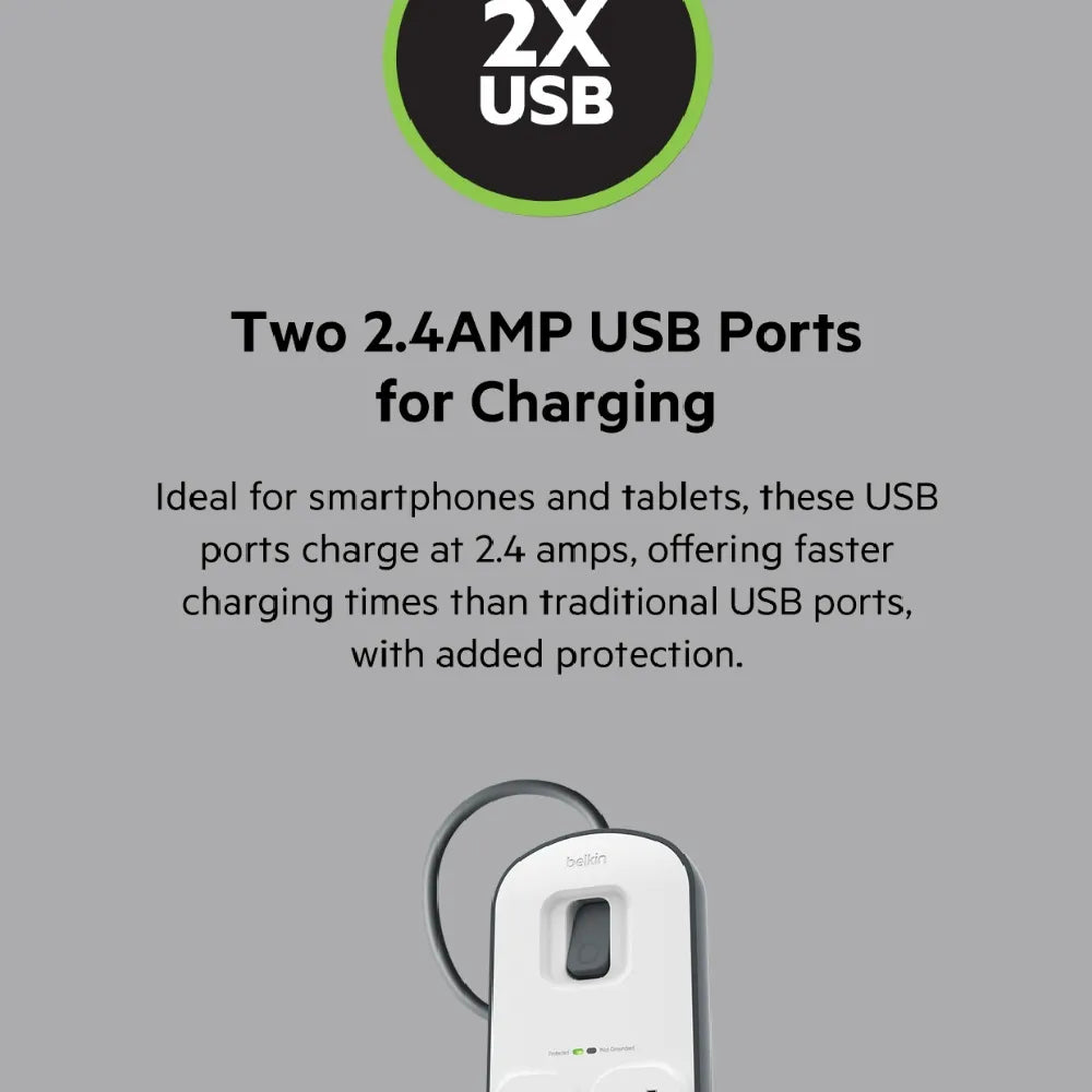 Belkin Surge Plus Power Strip Surge Protector 8 AC Outlets 2 USB Ports 900J Protection