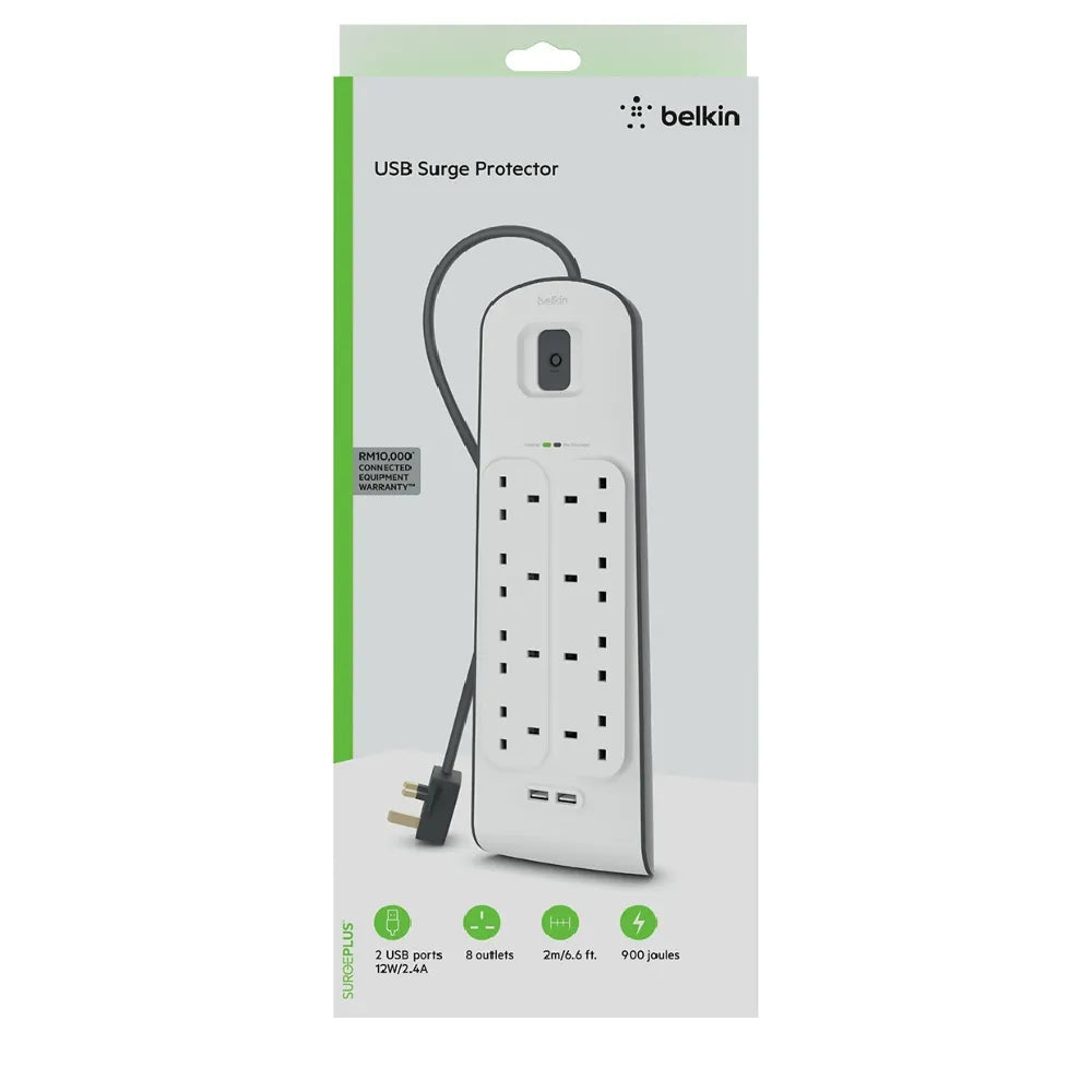 Belkin Surge Plus Power Strip Surge Protector 8 AC Outlets 2 USB Ports 900J Protection