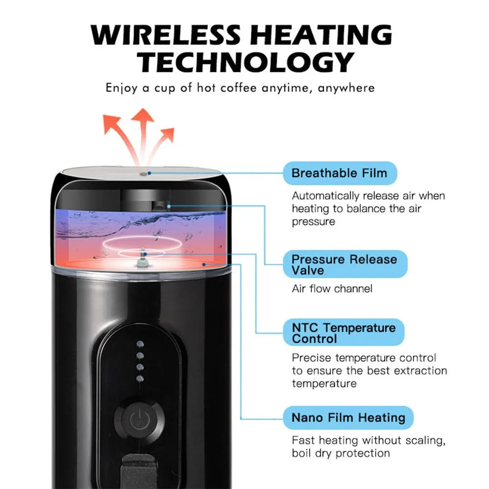 Espresso Coffee Maker 60ml Brewing Capacity Stainless Steel Wireless Heating 18Bar USB Type-C Rechargeable
