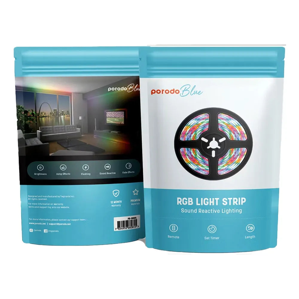 Porodo Blue RGB Light Strip with Sound Reactive Lighting 5m Length Remote Control With Jump & Fade Effects