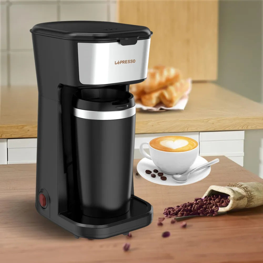 LePresso Instant Coffee Maker 400ml with Reusable Filter & Heat-Insulated Travel Mug 450W – Black