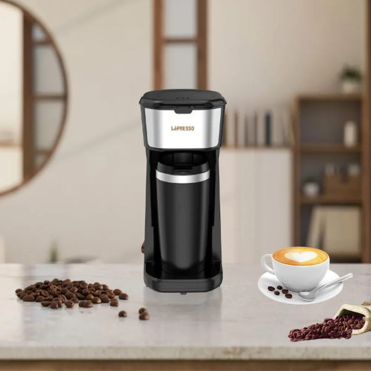 LePresso Instant Coffee Maker 400ml with Reusable Filter & Heat-Insulated Travel Mug 450W – Black
