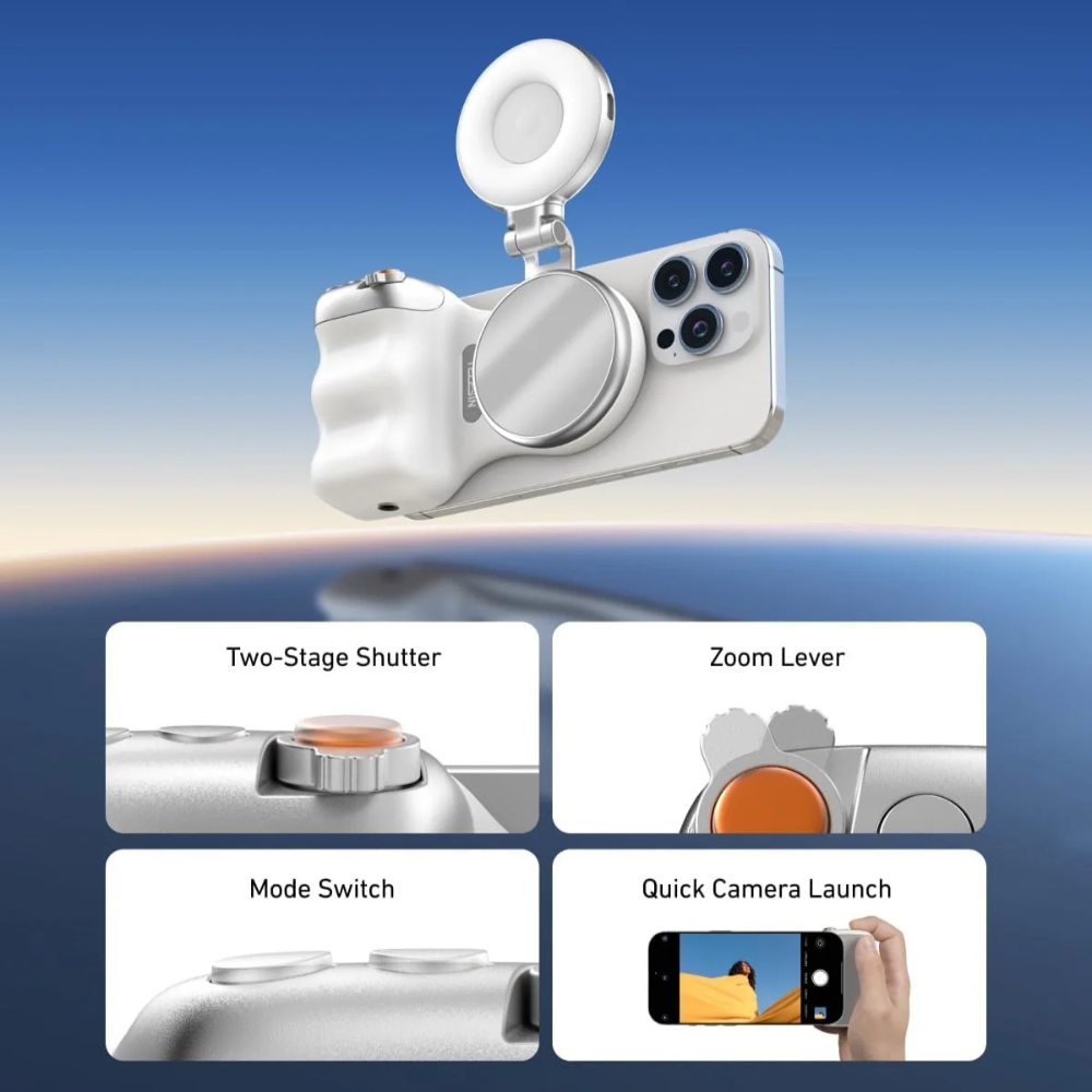 Telesin Magnetic Phone Grip with Selfie Ring Light, Adjustable Brightness, DSLR-Style Shutter, MagSafe-Compatible