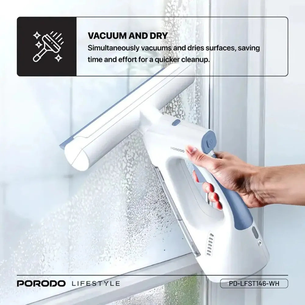Porodo Cordless Handheld Window Vacuum Cleaner with 3-in-1 Spray, Wipe & Dry Function, 1kPa Suction, Dual Water Tanks & Type-C Charging
