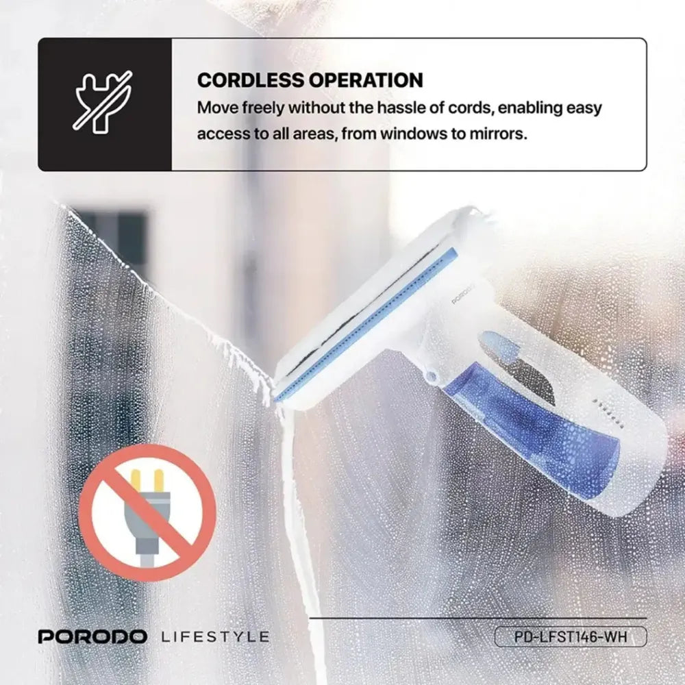 Porodo Cordless Handheld Window Vacuum Cleaner with 3-in-1 Spray, Wipe & Dry Function, 1kPa Suction, Dual Water Tanks & Type-C Charging