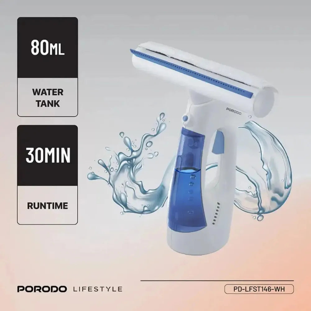 Porodo Cordless Handheld Window Vacuum Cleaner with 3-in-1 Spray, Wipe & Dry Function, 1kPa Suction, Dual Water Tanks & Type-C Charging