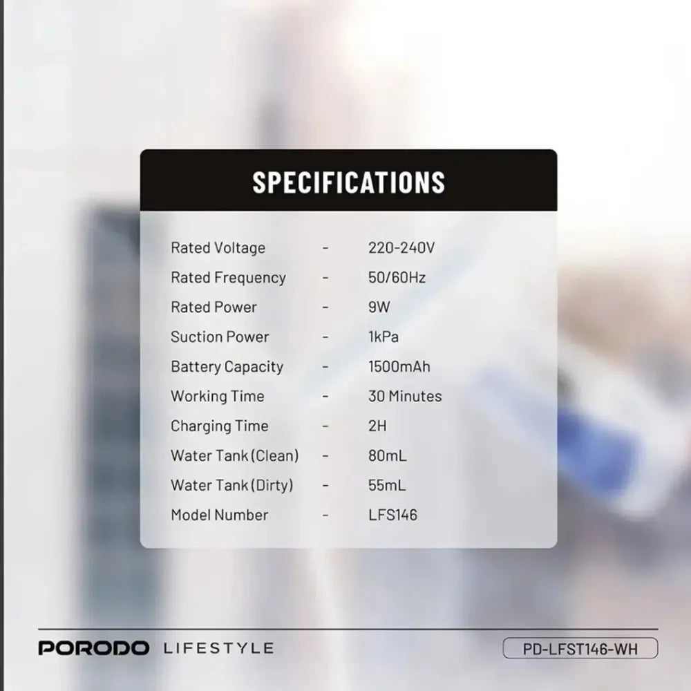 Porodo Cordless Handheld Window Vacuum Cleaner with 3-in-1 Spray, Wipe & Dry Function, 1kPa Suction, Dual Water Tanks & Type-C Charging