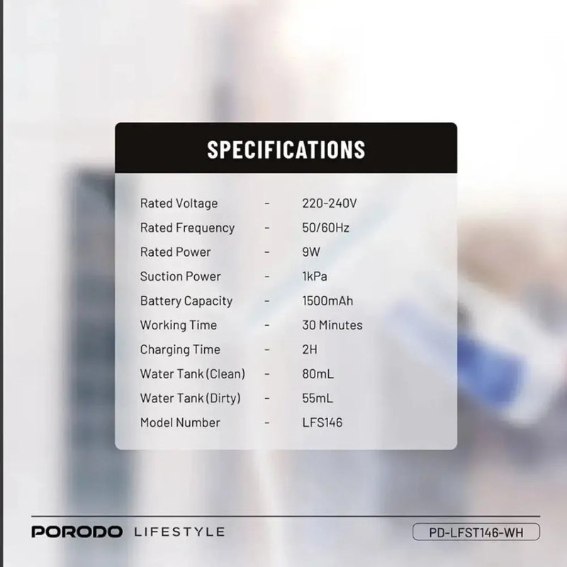 Porodo Cordless Handheld Window Vacuum Cleaner with 3-in-1 Spray, Wipe & Dry Function, 1kPa Suction, Dual Water Tanks & Type-C Charging