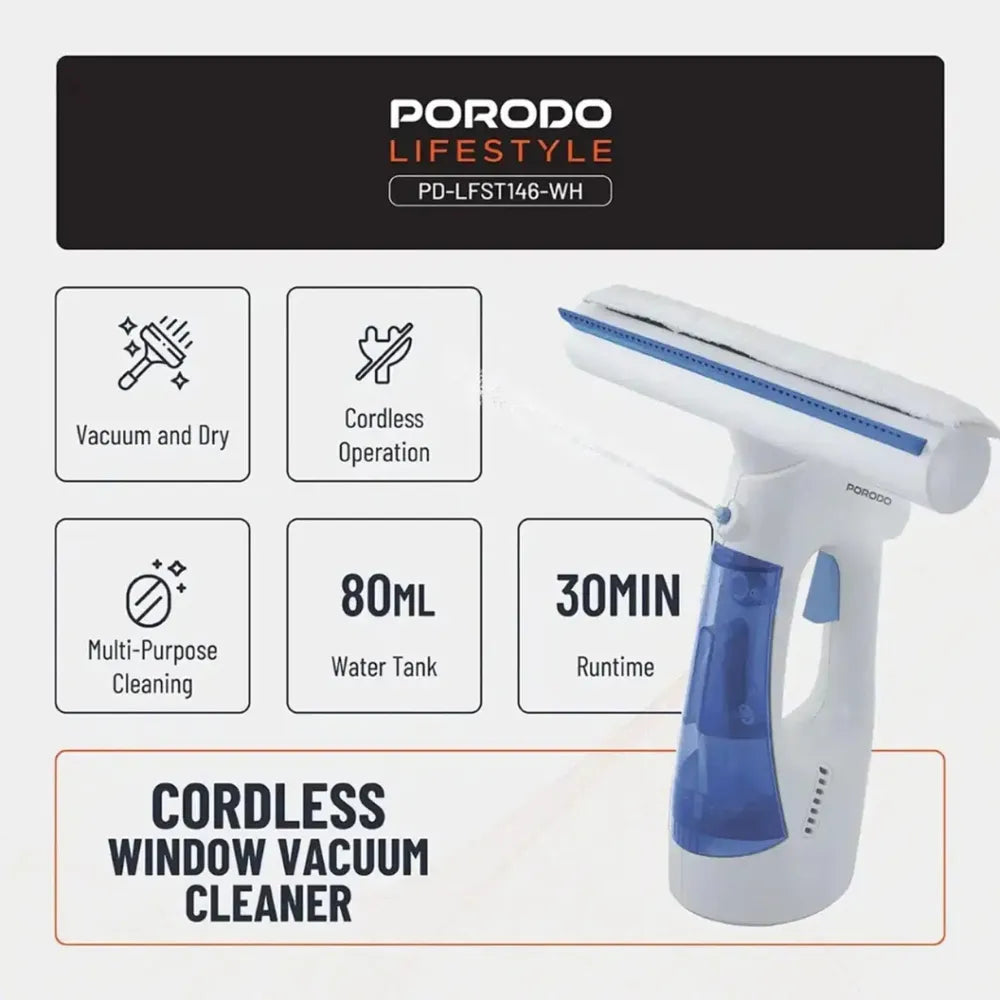 Porodo Cordless Handheld Window Vacuum Cleaner with 3-in-1 Spray, Wipe & Dry Function, 1kPa Suction, Dual Water Tanks & Type-C Charging