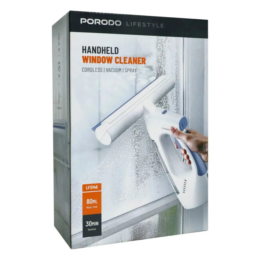 Porodo Cordless Handheld Window Vacuum Cleaner with 3-in-1 Spray, Wipe & Dry Function, 1kPa Suction, Dual Water Tanks & Type-C Charging