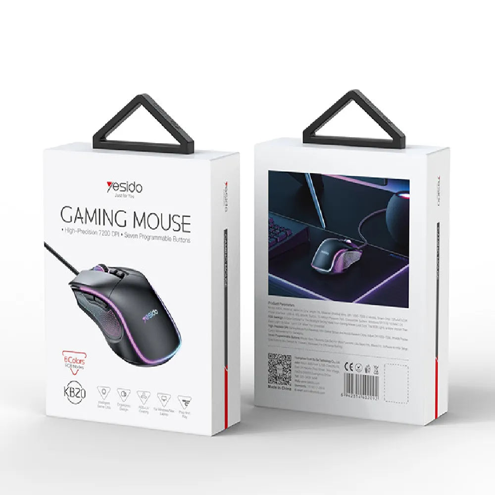 Yesido KB20 Wired Professional Gaming Mouse with RGB  7200DPI 110cm Nylon Wire