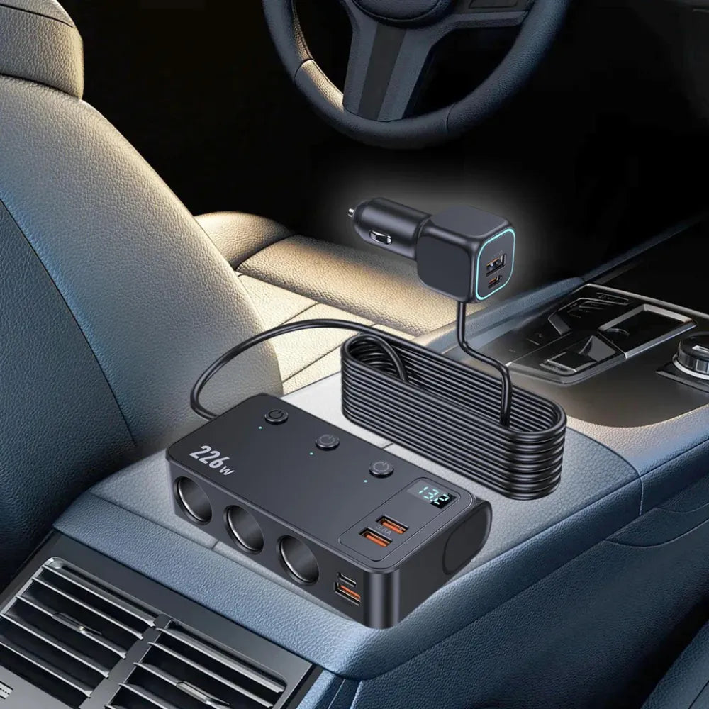 9-in-1 Car Charger Adapter 228W with QC3.0, Dual PD Type-C Fast Charging, 3 Cigarette Lighter Sockets & 65cm Retractable Cable