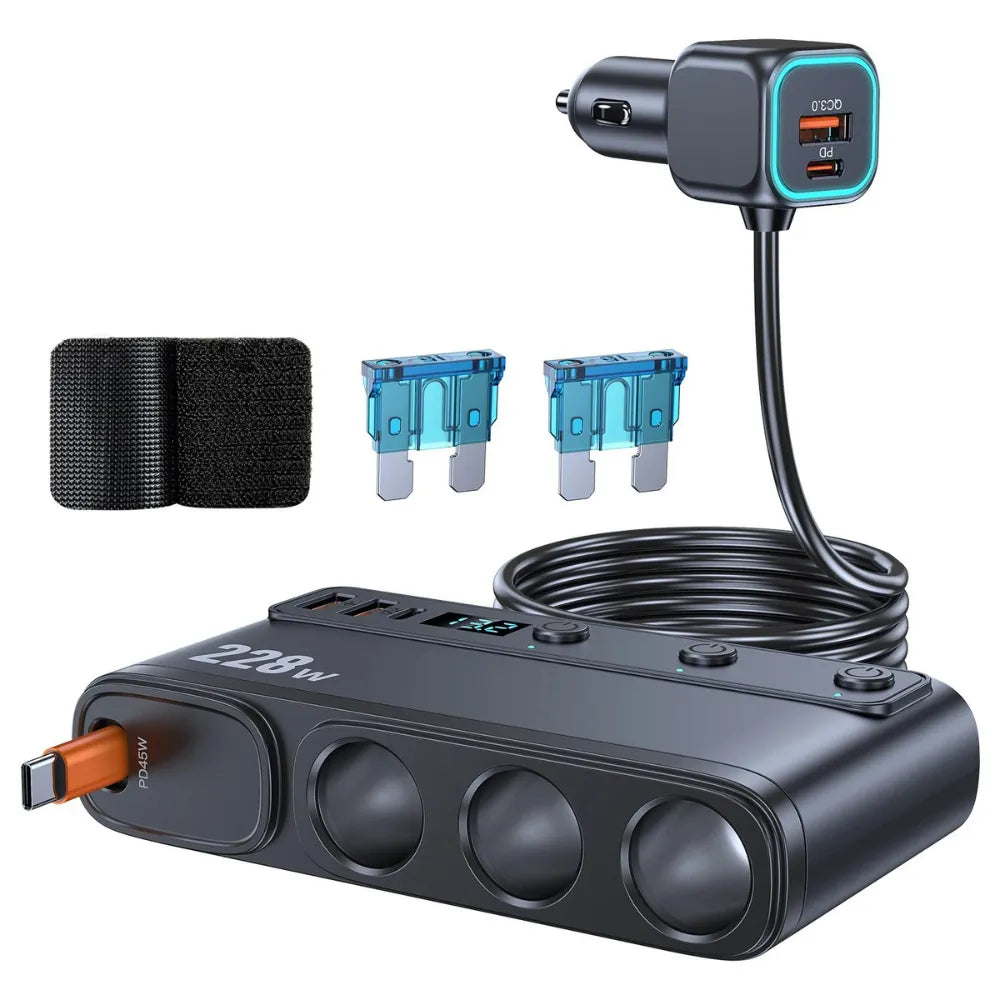 9-in-1 Car Charger Adapter 228W with QC3.0, Dual PD Type-C Fast Charging, 3 Cigarette Lighter Sockets & 65cm Retractable Cable