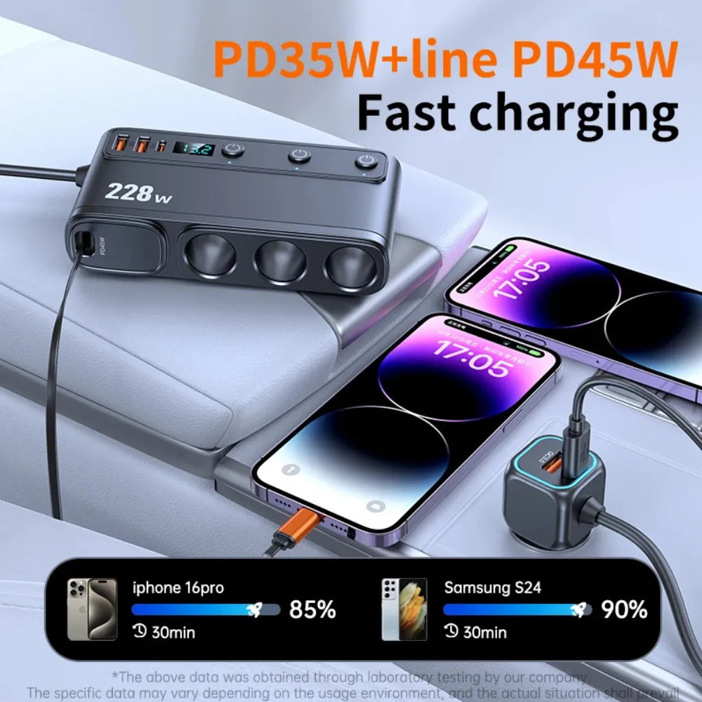 9-in-1 Car Charger Adapter 228W with QC3.0, Dual PD Type-C Fast Charging, 3 Cigarette Lighter Sockets & 65cm Retractable Cable
