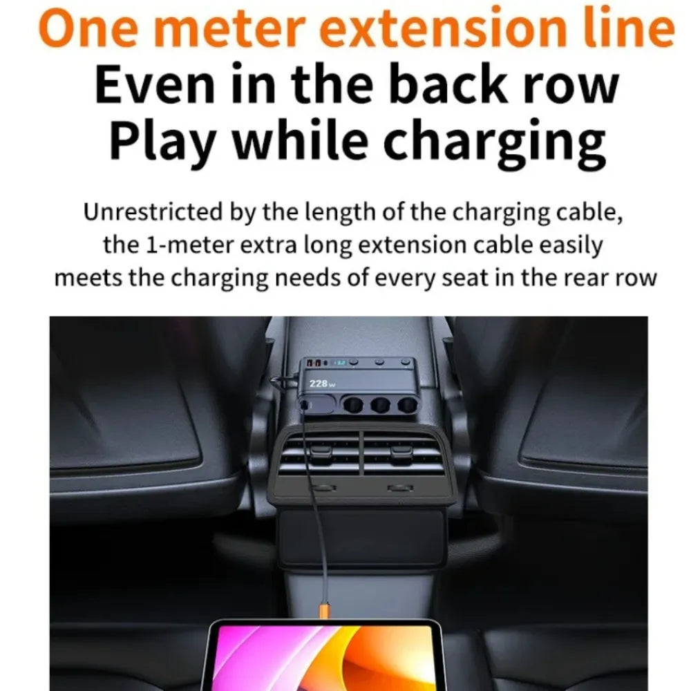 9-in-1 Car Charger Adapter 228W with QC3.0, Dual PD Type-C Fast Charging, 3 Cigarette Lighter Sockets & 65cm Retractable Cable