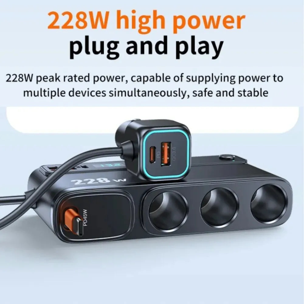 9-in-1 Car Charger Adapter 228W with QC3.0, Dual PD Type-C Fast Charging, 3 Cigarette Lighter Sockets & 65cm Retractable Cable