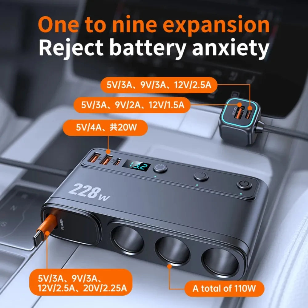 9-in-1 Car Charger Adapter 228W with QC3.0, Dual PD Type-C Fast Charging, 3 Cigarette Lighter Sockets & 65cm Retractable Cable