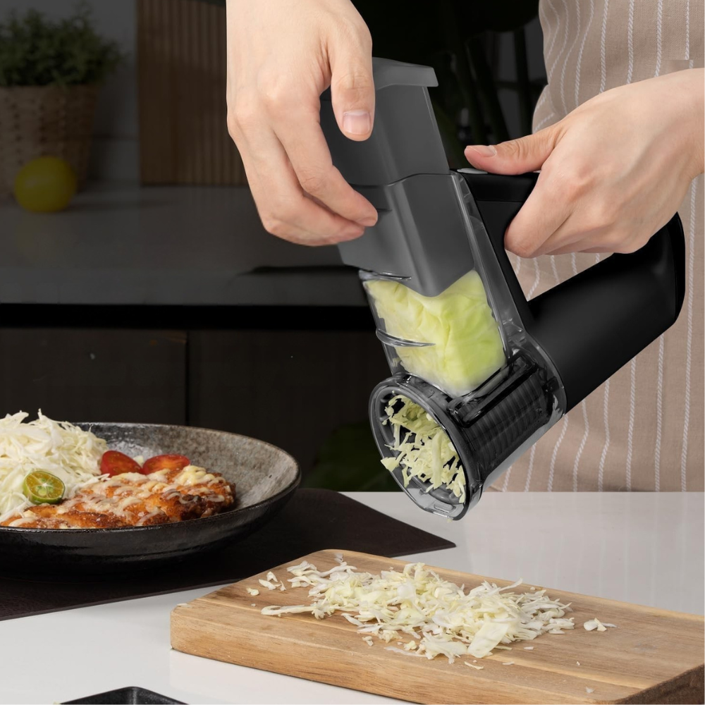 Electric Cordless Vegetable Slicer & Salad Shooter, 4 Interchangeable Blades, Ice Shaving, Dual Storage Cups, 2500mAh Battery, IF Design Award – Black