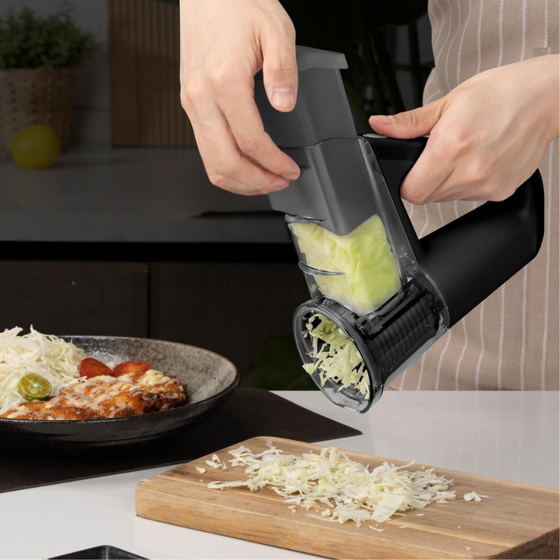 Electric Cordless Vegetable Slicer & Salad Shooter, 4 Interchangeable Blades, Ice Shaving, Dual Storage Cups, 2500mAh Battery, IF Design Award – Black