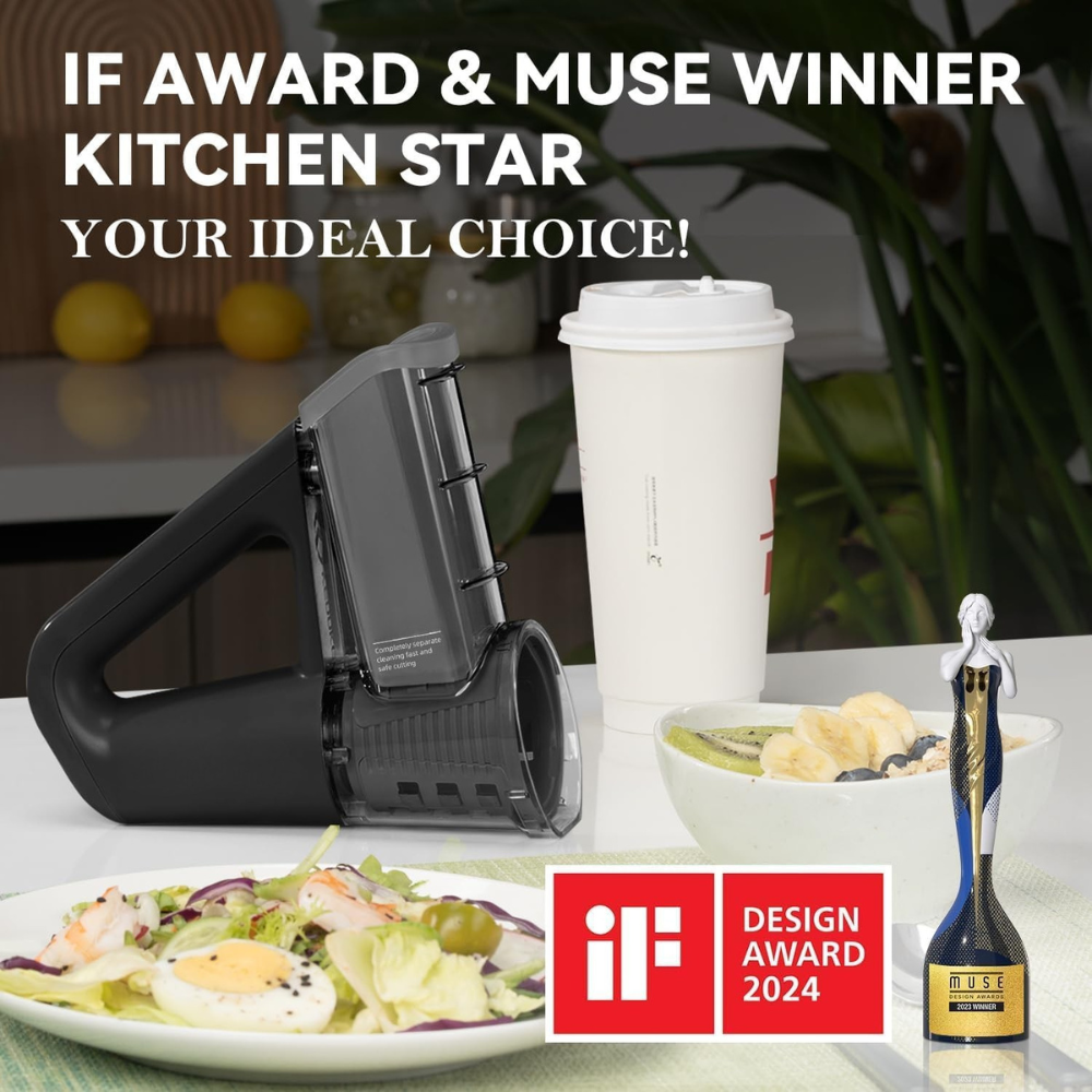 Electric Cordless Vegetable Slicer & Salad Shooter, 4 Interchangeable Blades, Ice Shaving, Dual Storage Cups, 2500mAh Battery, IF Design Award – Black