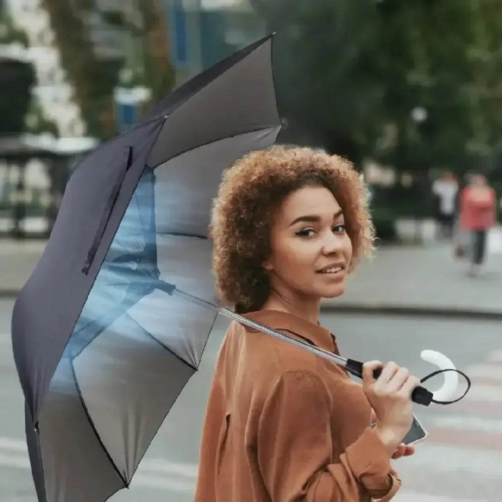 Sun Umbrella with Cooling Fan USB Rechargeable UPF 50+ Protection for Sun & Rain