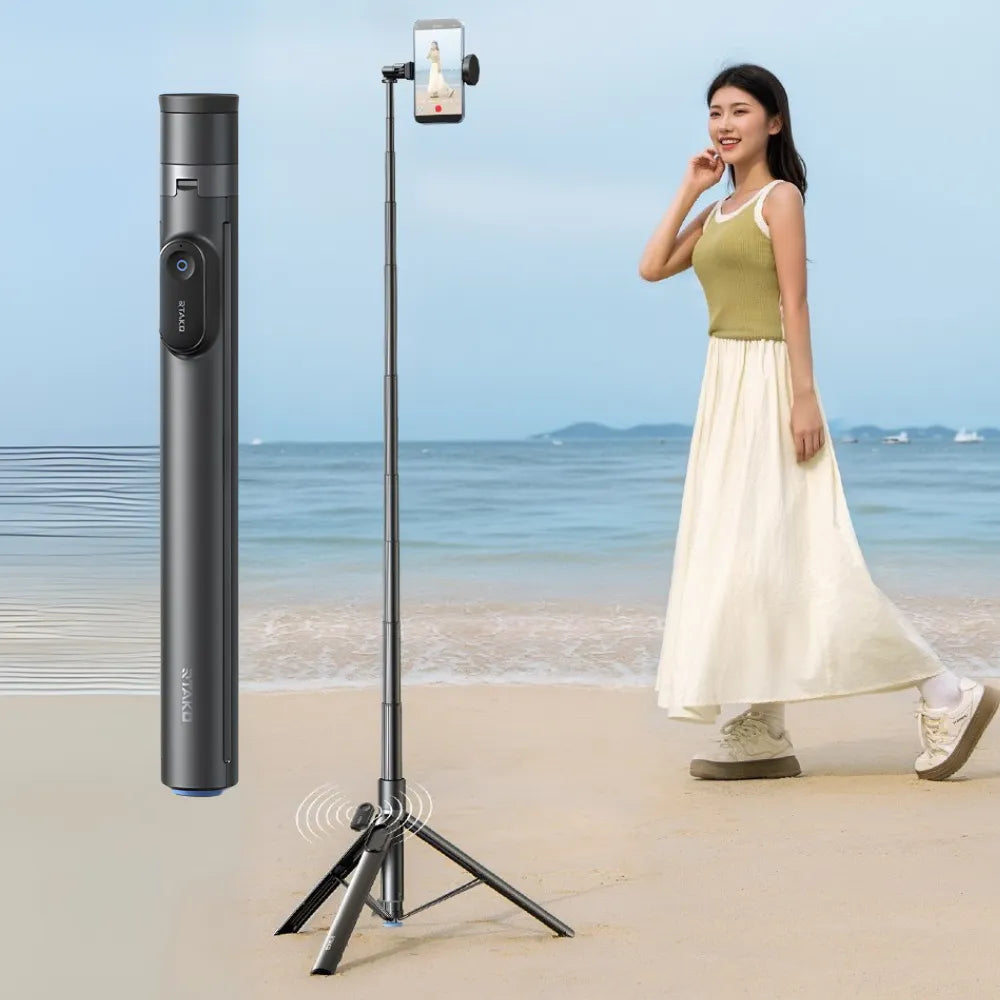 RTAKO Integrated Bluetooth Selfie Stick Tripod, 170cm Extendable, 720° Rotation, Auto-Opening Tripod