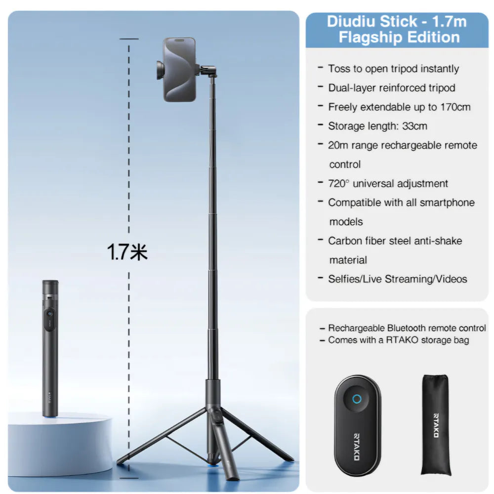 RTAKO Integrated Bluetooth Selfie Stick Tripod, 170cm Extendable, 720° Rotation, Auto-Opening Tripod