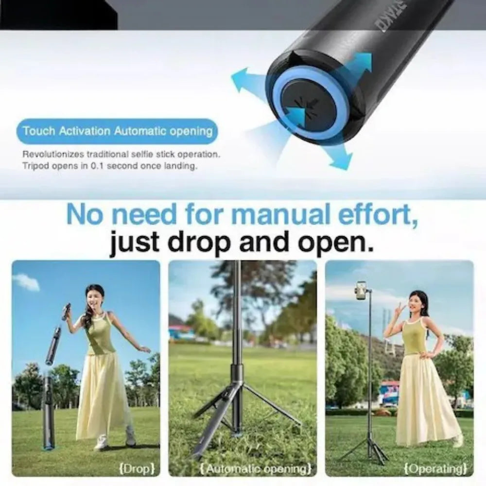 RTAKO Integrated Bluetooth Selfie Stick Tripod, 170cm Extendable, 720° Rotation, Auto-Opening Tripod