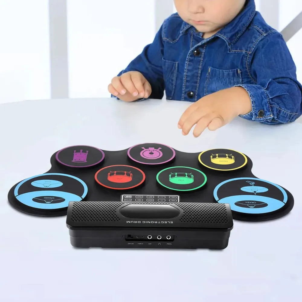 Portable Roll-Up Electronic Drum Set, Built-in Speaker, 10 Rhythms, USB Rechargeable, Audio Input