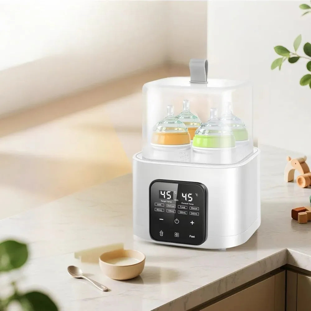 6-in-1 Baby Bottle Warmer & Steriliser – Fits 4 Bottles, Fast Heating, Defrost, 48H Keep Warm, LCD Touch Control