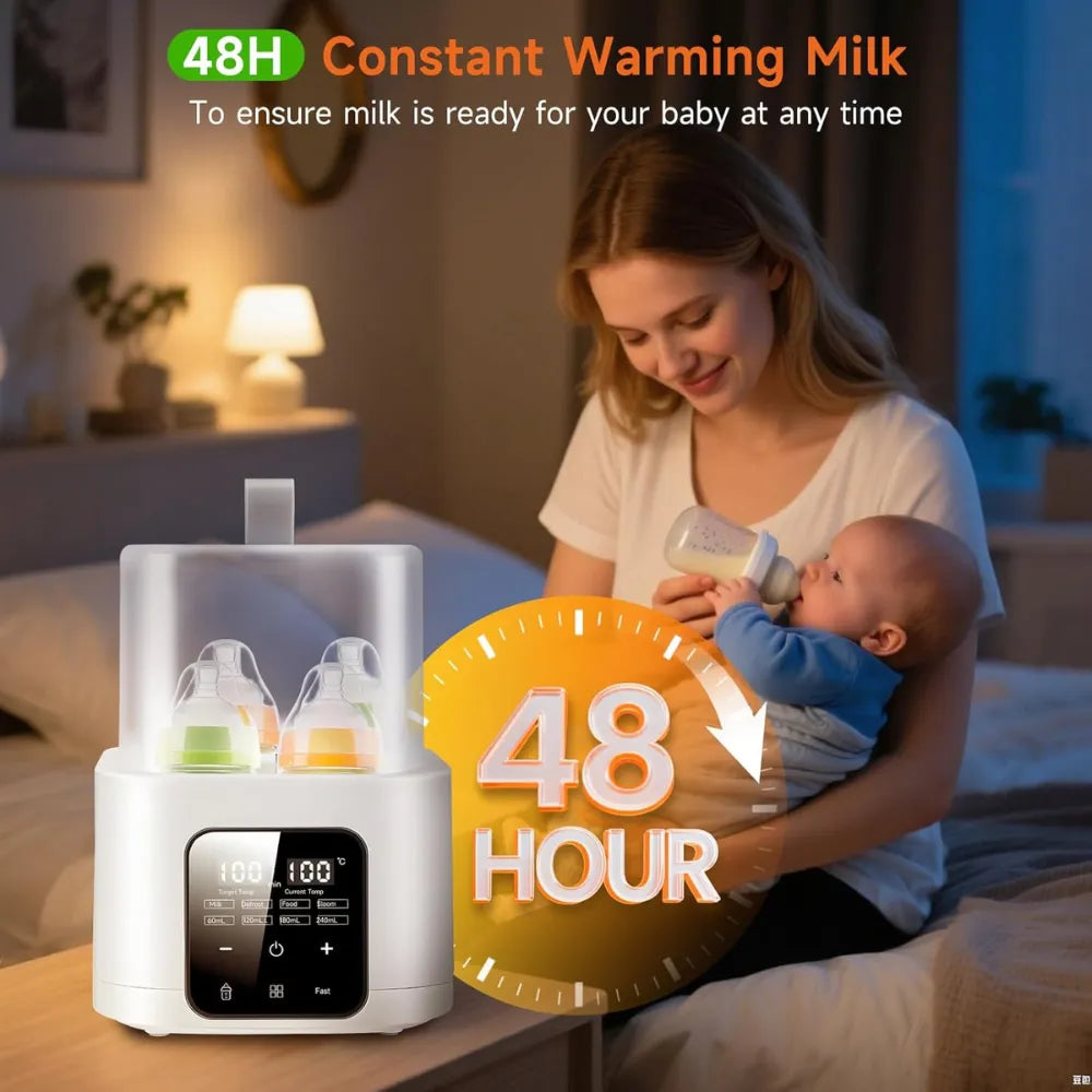 6-in-1 Baby Bottle Warmer & Steriliser – Fits 4 Bottles, Fast Heating, Defrost, 48H Keep Warm, LCD Touch Control
