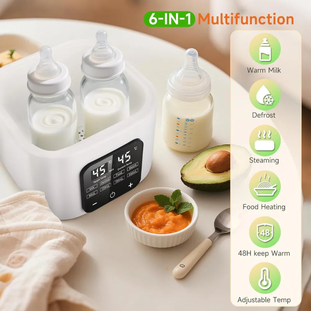 6-in-1 Baby Bottle Warmer & Steriliser – Fits 4 Bottles, Fast Heating, Defrost, 48H Keep Warm, LCD Touch Control