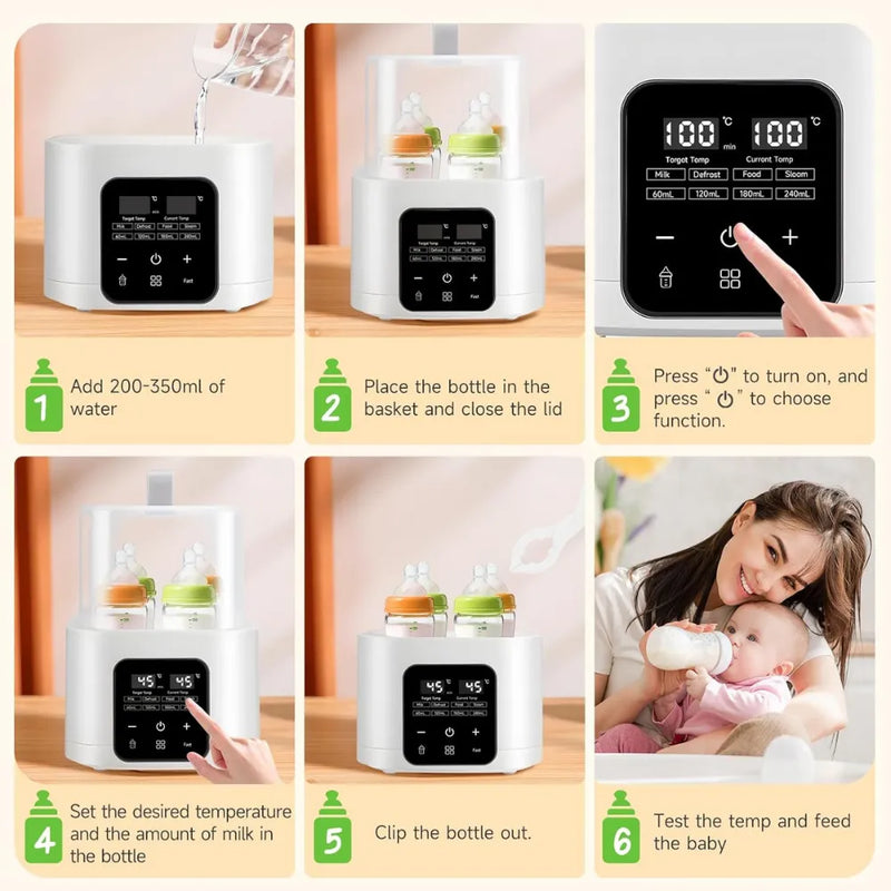 6-in-1 Baby Bottle Warmer & Steriliser – Fits 4 Bottles, Fast Heating, Defrost, 48H Keep Warm, LCD Touch Control