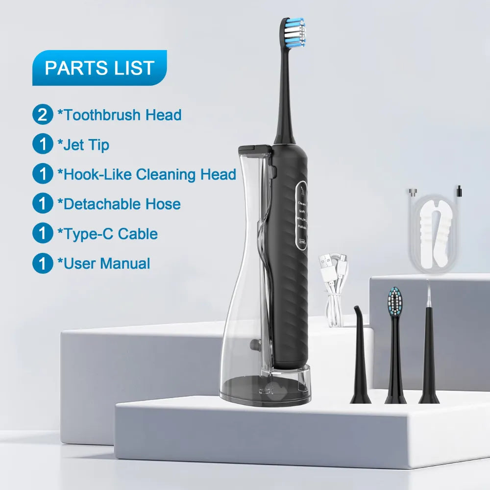3-in-1 Electric Toothbrush, Water Flosser & Dental Calculus Remover, 180mL Detachable Tank, 4 Cleaning Modes - (Black)
