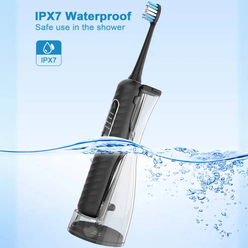 3-in-1 Electric Toothbrush, Water Flosser & Dental Calculus Remover, 180mL Detachable Tank, 4 Cleaning Modes - (Black)