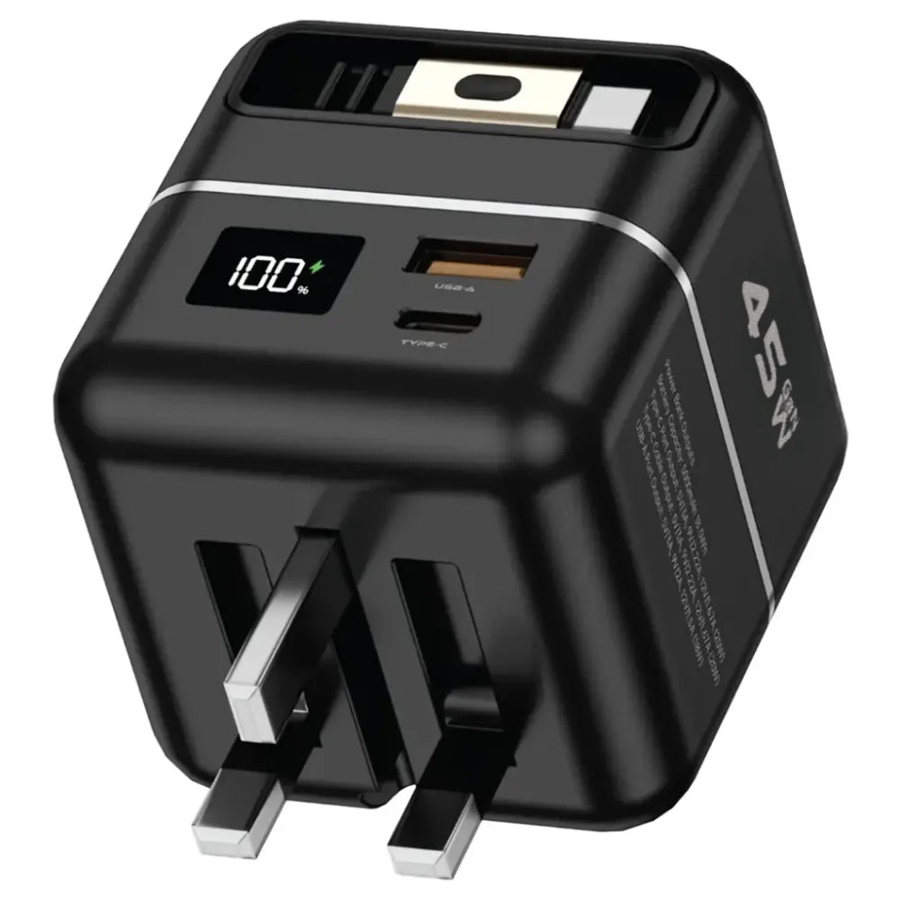 Green Lion GaN Premium Series 45W Charger with 5000mAh Power Bank, Dual Port Fast Charging, Retractable Type-C