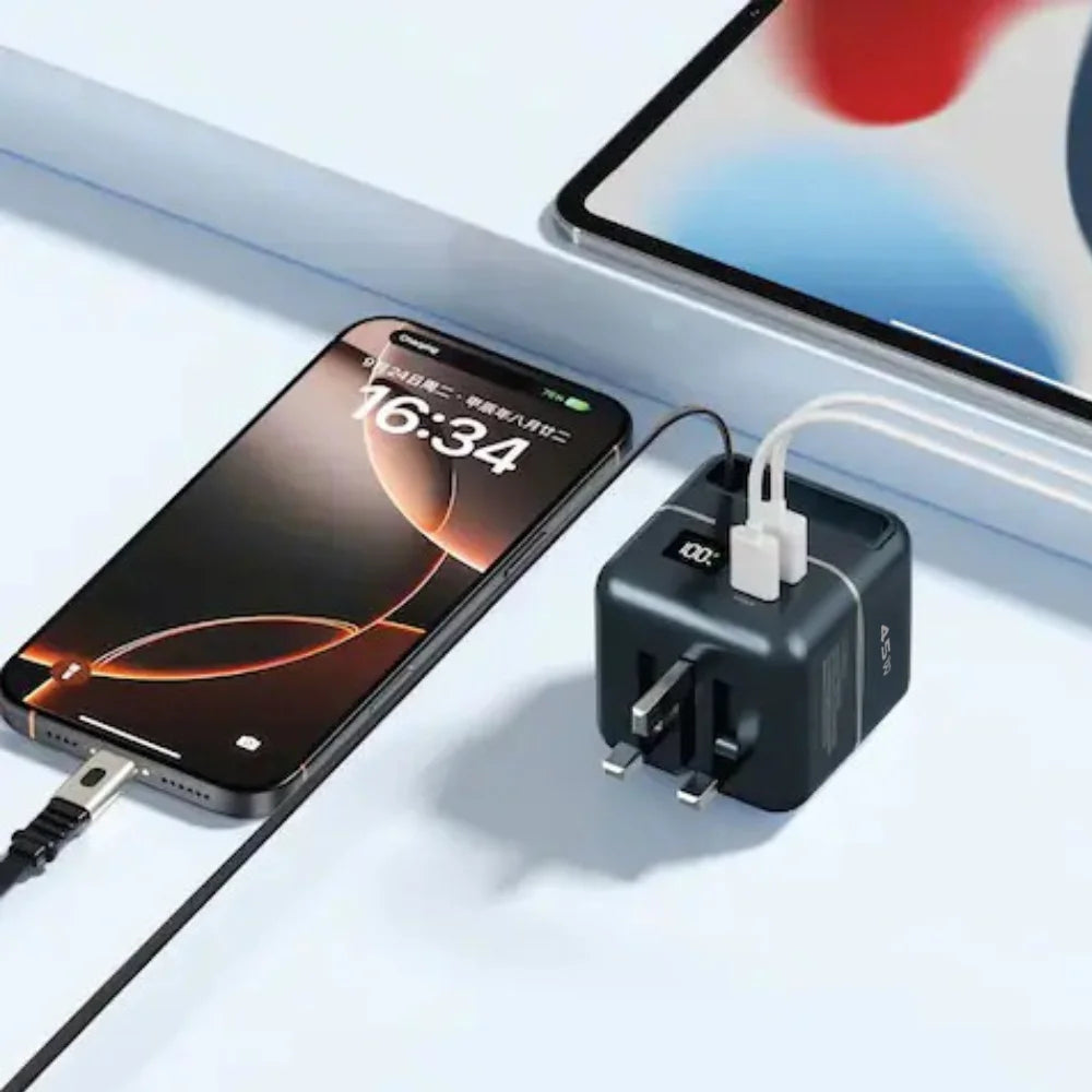 Green Lion GaN Premium Series 45W Charger with 5000mAh Power Bank, Dual Port Fast Charging, Retractable Type-C