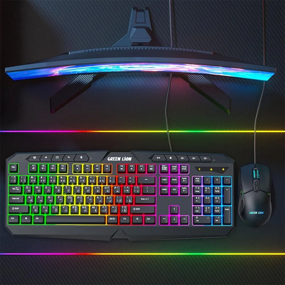 Green Lion GK-400 RGB Gaming Keyboard & Mouse Combo, 7-Color Backlight, 10 Multimedia Keys, Adjustable DPI