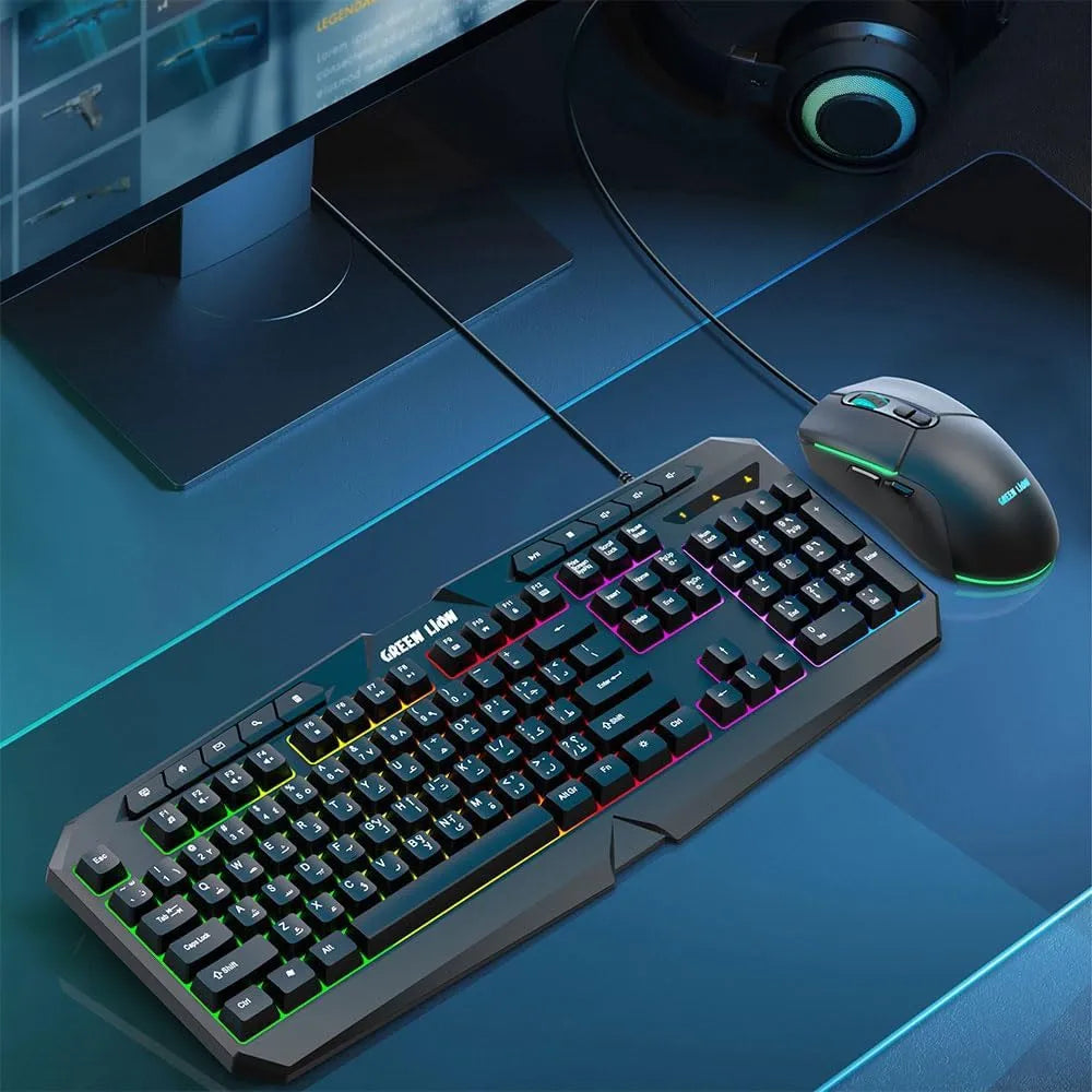 Green Lion GK-400 RGB Gaming Keyboard & Mouse Combo, 7-Color Backlight, 10 Multimedia Keys, Adjustable DPI