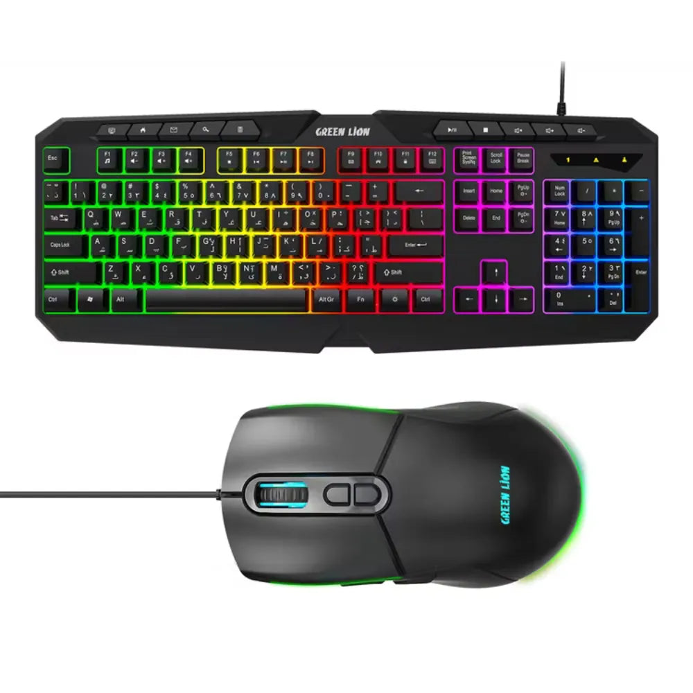 Green Lion GK-400 RGB Gaming Keyboard & Mouse Combo, 7-Color Backlight, 10 Multimedia Keys, Adjustable DPI