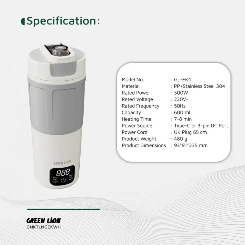 Green Line Portable Electric Kettle 600ml PP Plastic & 304 Stainless Steel with Touch Control, Keep Warm & Auto Shut-Off 300W