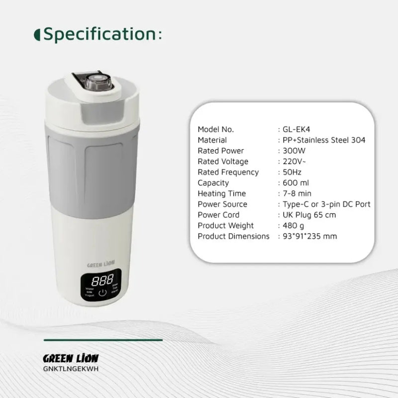 Green Line Portable Electric Kettle 600ml PP Plastic & 304 Stainless Steel with Touch Control, Keep Warm & Auto Shut-Off 300W