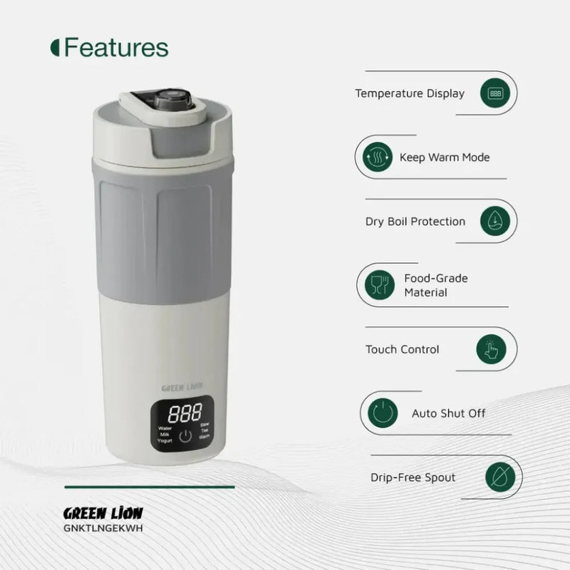 Green Line Portable Electric Kettle 600ml PP Plastic & 304 Stainless Steel with Touch Control, Keep Warm & Auto Shut-Off 300W