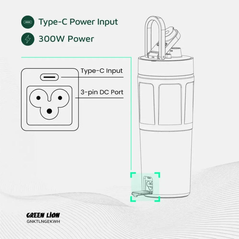 Green Line Portable Electric Kettle 600ml PP Plastic & 304 Stainless Steel with Touch Control, Keep Warm & Auto Shut-Off 300W