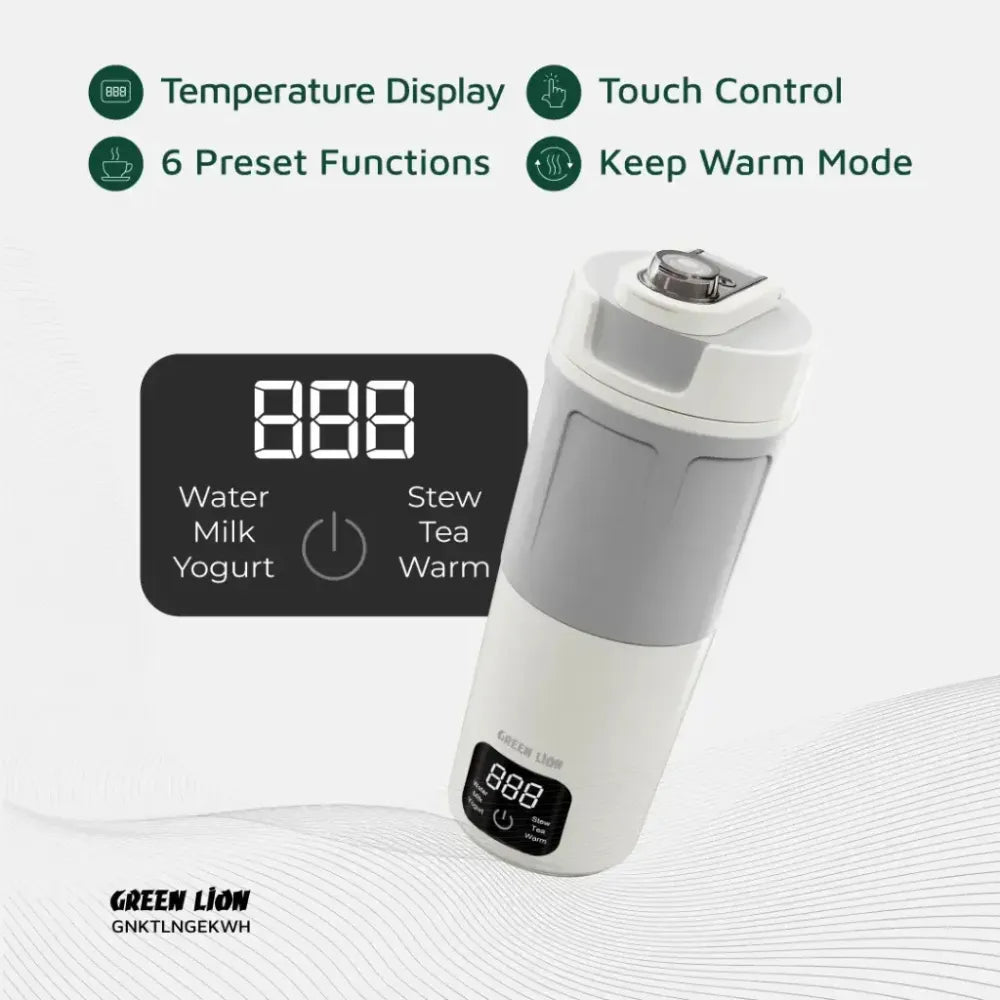 Green Line Portable Electric Kettle 600ml PP Plastic & 304 Stainless Steel with Touch Control, Keep Warm & Auto Shut-Off 300W