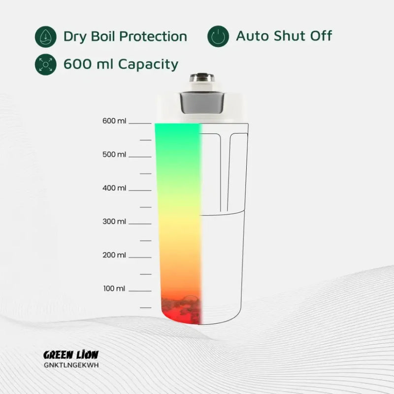 Green Line Portable Electric Kettle 600ml PP Plastic & 304 Stainless Steel with Touch Control, Keep Warm & Auto Shut-Off 300W