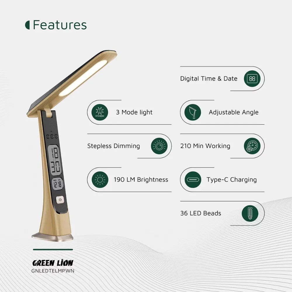 Green Lion LED Table Lamp Wooden with 36 LED Beads, 3 Light Modes, Step-less Dimming, 1800mAh Battery & Digital Display