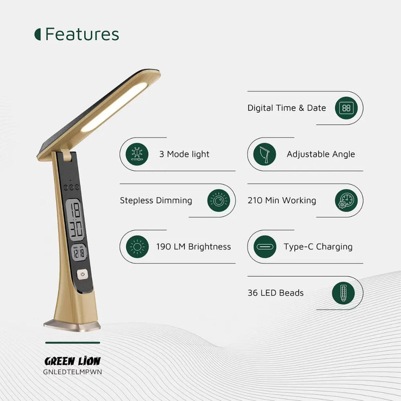 Green Lion LED Table Lamp Wooden with 36 LED Beads, 3 Light Modes, Step-less Dimming, 1800mAh Battery & Digital Display