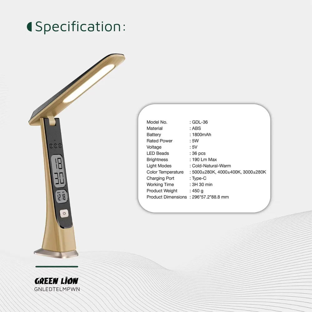 Green Lion LED Table Lamp Wooden with 36 LED Beads, 3 Light Modes, Step-less Dimming, 1800mAh Battery & Digital Display